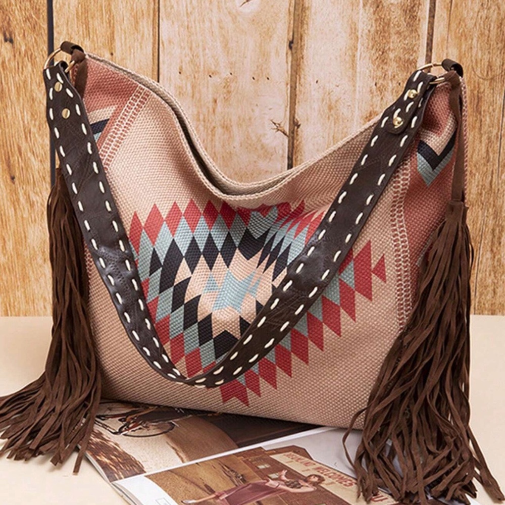 Southwestern Native American Tribal Geo Print Tassel Shoulder Bag